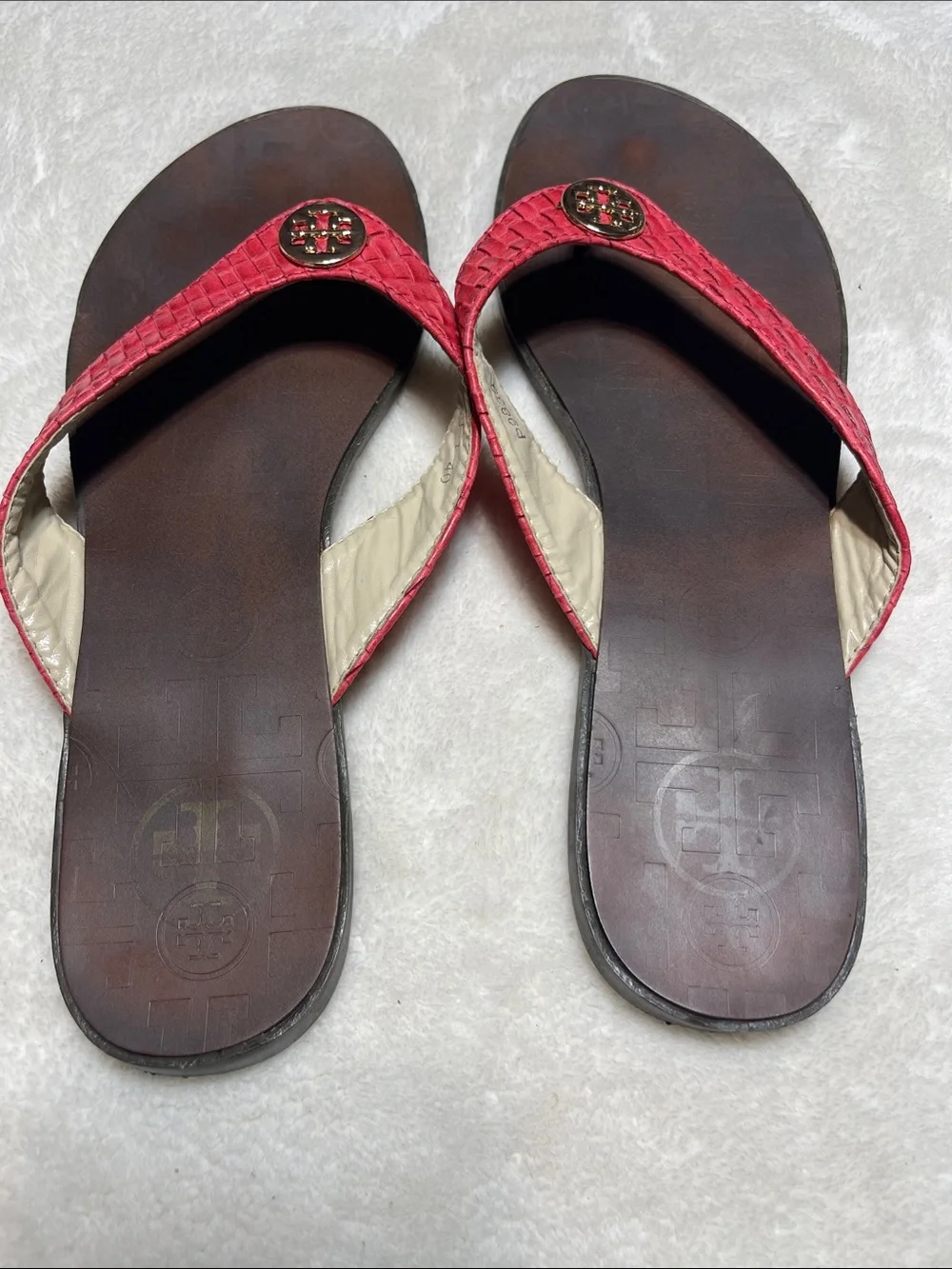 Tory Burch Red Woven Logo Toe-Post Sandals Size 40
